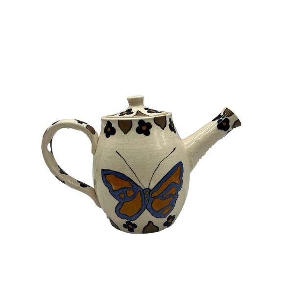 Artist Handmade Glazed Pottery Pitcher Butterfly Floral Design Spring Decor - Picture 2 of 16